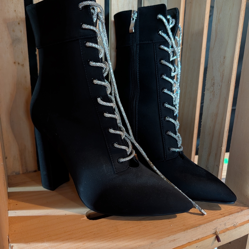 REVOLVE Black Pointed Toe Lace-Up Ankle Boots with Rhinestone Laces